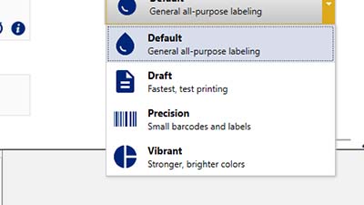Software Brady Workstation zobrazuje seznam pro volbu různých způsobů tisku, jako je Draft, Precision a Vibrant.