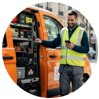 Instalační technik se dívá na telefon s dodávkou v pozadí