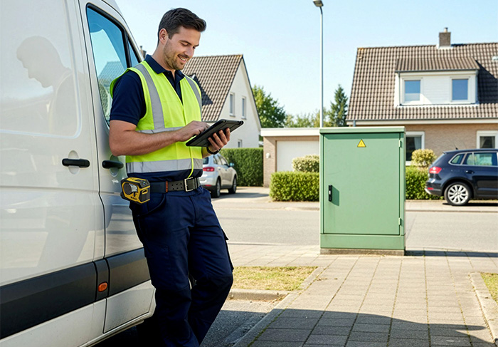 Elektrikář s telefonem u dodávky